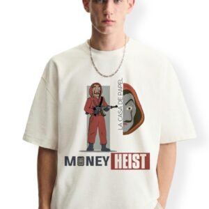 EIENME Unisex Cotton Oversized T-Shirt | Spanish Heist Mask Graphic Print | Aesthetic Streetwear Cream